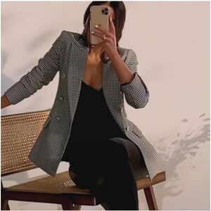 Zara Checkered Houndstooth Blazer Gold Buttons Black White Size XS Jacket Cotton